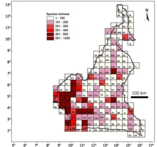 Figure 3 – Overview of botanical effort collection  in Cameroon based on the distribution of 36,588  specimens at YA using half degree cells (source: 