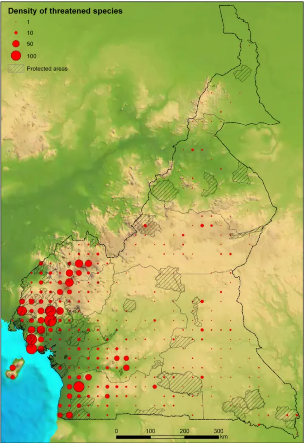 Figure 5 – Overview of hotspots of flowering plants in Cameroon (source: Onana &amp; Cheek 2011, back cover )