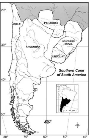 Figure 1 – Study area, the Southern Cone of South America  (Argentina, Southern Brazil, Chile, Paraguay, and Uruguay).