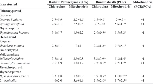 Table 2 – Number of chloroplasts and mitochondria in the PCR and PCR tissues of Cyperaceae studied species
