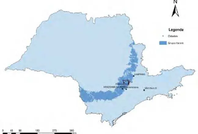 Figura 2: Faixa aflorante do Grupo Itararé no Estado de São Paulo, com delimitação da área estudada  (retângulo vermelho).