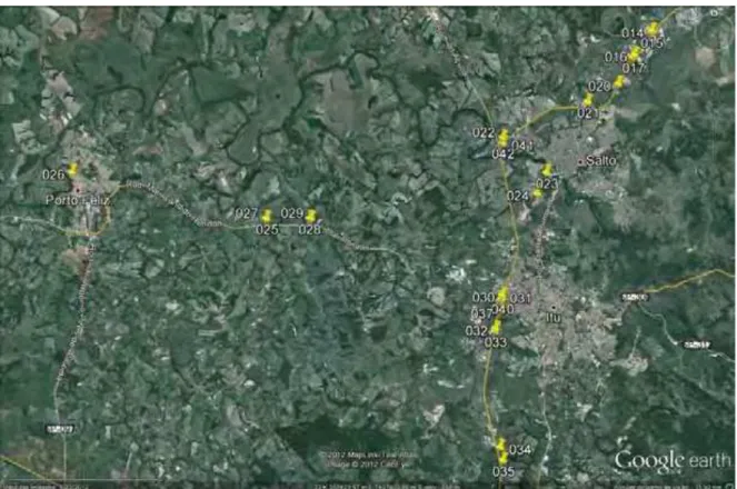 Figura 6: Localização dos pontos visitados durante a etapa de campo (Imagem do Google Earth)