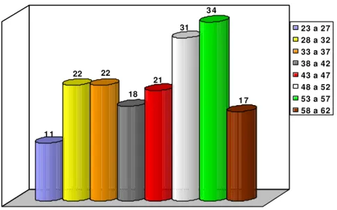 Gráfico 4 – Faixa etária  1 1 22 22 18 21 31 3 4 1 7 23 a 2728 a 3233 a 3738 a 4243 a 4748 a 5253 a 5758 a 62    Gráfico 5 – Período de formação 