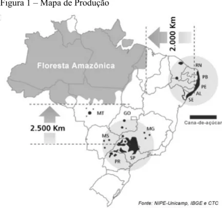 Figura 1: Mapa da produção de cana-de-açúcar, açúcar e etanol. 