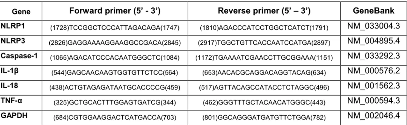 Table 1. Primers for inflammasomes proteins, cytokines and GAPDH.