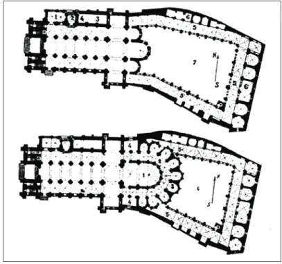 Fig. 3 – Plantas da Sé de Lisboa, no final dos reinados de D. Dinis (1325)  e de D. Afonso IV (1357), segundo o Arq.º António do Couto.