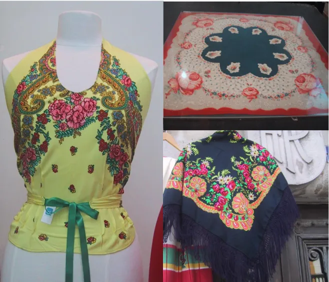 Figura 11  – À esquerda, revisão do padrão ornamental floral das chitas de Alcobaça em blusa da marca Alma  Lusa