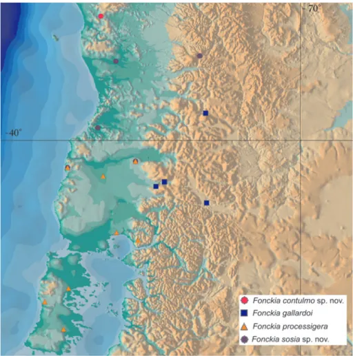 Figure 33. Records of distribution of Fonckia spp. in Chile and Argentina.