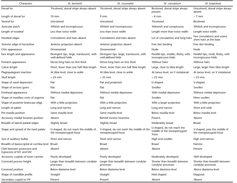 Table II. External and cranial characters of Mimon bennettii, M. cozumelae, M. crenulatum, and M