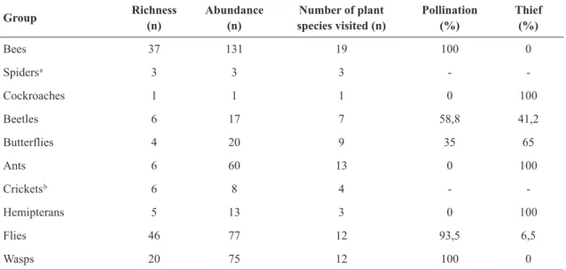 Table 3 – Group, richness, abundance and behavior of floral visitors sampled in plant species of vereda vegetation,  in Campo Grande, Mato Grosso do Sul, Brazil, from September 2012 to August 2013