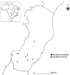 Figura 3 – Mapa de distribuição geográfica das  espécies de Gaultheria no Espírito Santo, Brasil.