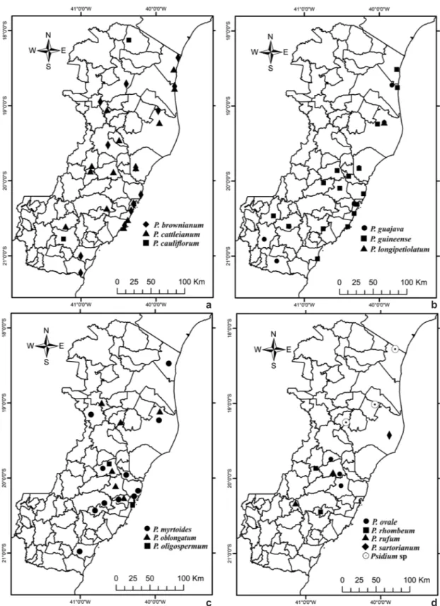 Figure 5 – Geographic distribution of Psidium species in the state of Espírito Santo: a