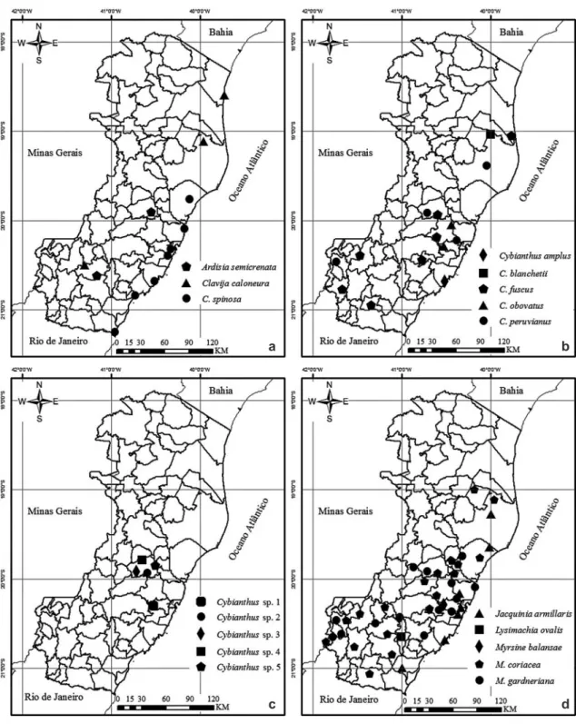 Figura 6 – a-d. distribuição geográfica das espécies de Primulaceae no estado do Espírito Santo – a