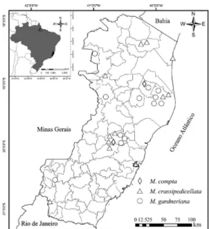 Figure 3 – Distribution map of Micropholis compta, Micropholis  crassipedicellata, and Micropholis gardneriana in the Espírito  Santo, Brasil.
