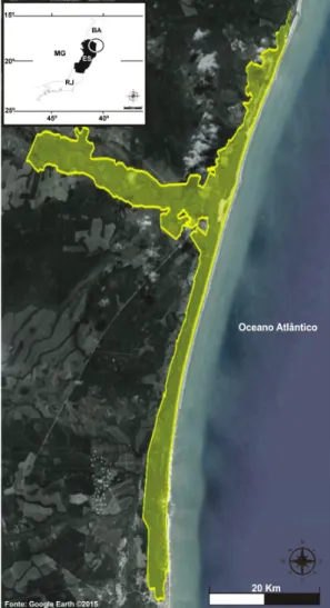 Figura 1 – Localização do Parque Estadual de Itaúnas,  Espírito Santo, Brasil. (Modificado do Google Earth 2015).