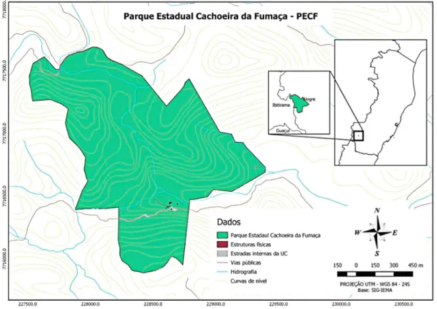 Figura 1 – Mapa da área total do Parque Estadual da Cachoeira da Fumaça, Alegre e Ibitirama, Espírito Santo, Brasil,  delimitado em verde, retirado de IEMA 2017.