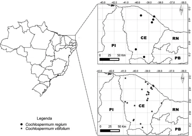 Figura 4 – Distribuição de Cochlospermum no estado do Ceará, Brasil – a. Cochlospermum regium; b