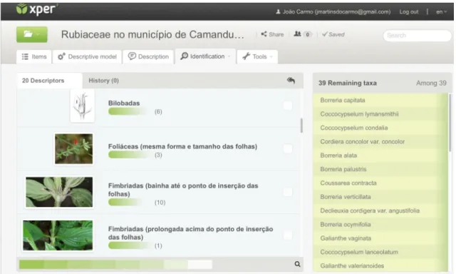 Figura 2 – Interface da chave interativa de entradas múltiplas para Rubiaceae no município de Camanducaia,  Minas Gerais, Brasil, em Xper 3 