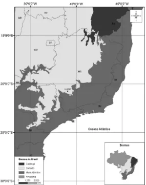 Figura 1 – Mapas com a identificação dos fragmentos  e das unidades amostrais inventariadas no município  de Guapé em relação aos Domínios Fitogeográficos  do estado de Minas Gerais e a caracterização  fitofisionômica da região