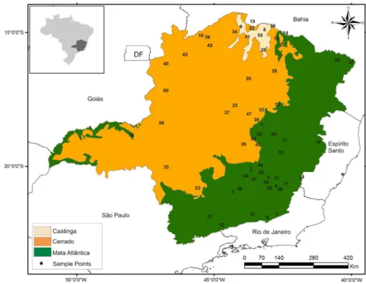 Figure 1 – State of Minas Gerais with phytogeographical areas and sampling sites (Fernandes 2011).