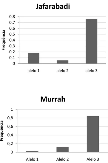 Figura 6: Distribuição das frequências dos alelos no loco CSSM054 nas raças  Mediterrâneo, Jafarabadi e Murrah