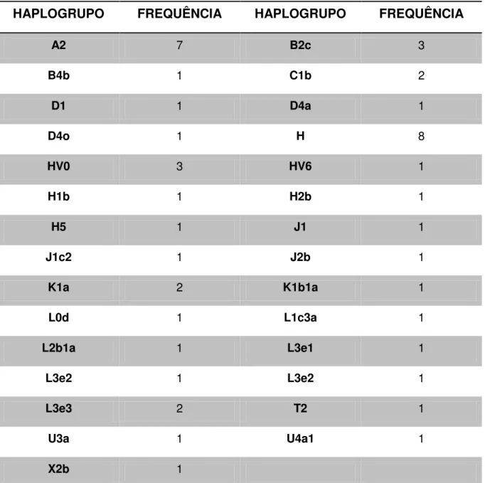 TABELA 4 - FREQUÊNCIA DOS HAPLOGRUPOS ENCONTRADOS 