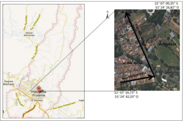 Figura 10 – Detalhamento da área teste e itinerários do levantamento   Fonte: Google Earth (2013)