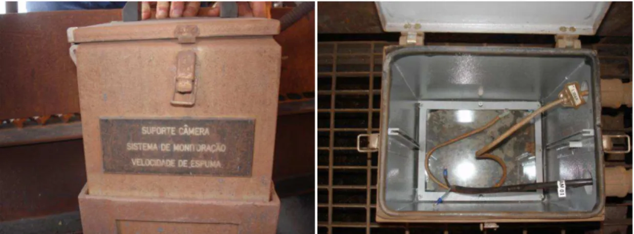 Figura  4-3:  Caixa  de  condicionamento  da  câmera  e  uma  foto  do  vidro  da  caixa  com  material da espuma projetado no fundo