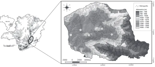Figura 1 – Localização do Parque Estadual do Itacolomi e regiões estudadas. 1. Tesoureiro; 2