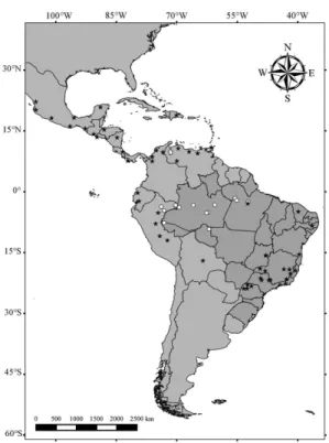 Figura 2 – Mapa de distribuição geográfica de Byttneria  catalpifolia subsp. catalpifolia (  ) e Byttneria fulva ( ○ ).