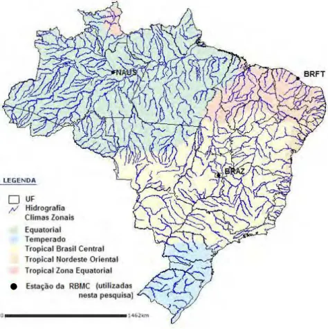 Figura 16 - Localização das estações utilizadas nos experimentos. O clima predominante e a hidrografia do país (Fonte: IBGE, 2008a)