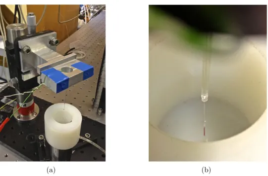 Figure 2.2: Photographs of the assembled sensor. The photo (a) shows the whole sensor, interrogated with a silica fibre from the top, where a micrometer was added for strain control