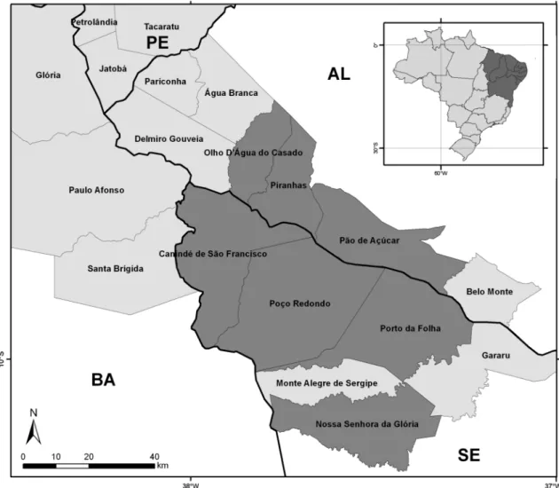 Figura 1 – Mapa de localização da Região de Xingó, evidenciando a área estudada em cinza-escuro (Canindé do  São Francisco, Nossa Senhora da Glória, Olho d’Água do Casado, Pão de Açúcar, Piranhas, Poço Redondo e Porto  da Folha)