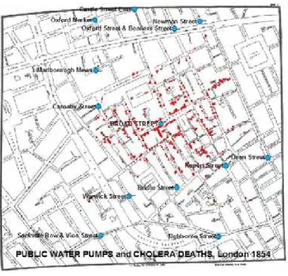 Figura 1 - Mapa de Londres com casos de c´olera e po¸cos.