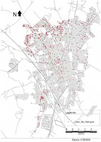 Figura 7 - Distribui¸c˜ao de casos positivos de dengue em Rio Claro. Fonte: Secretaria de Seguran¸ca P´ ublica - P.M