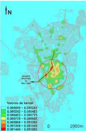 Figura 11 - Estima¸c˜ao kernel qu´artico aplicado aos dados de acidentes de trˆansito, destacando a Avenida Rio Claro