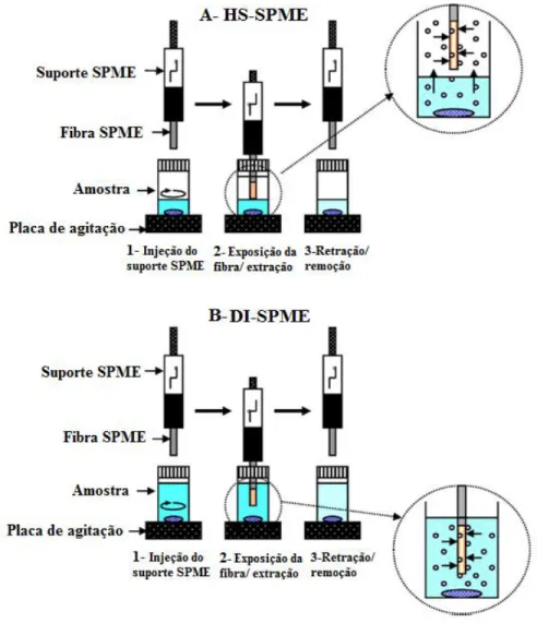 Figura 9 - Procedimento de extração DI-SPME e HS-SPME. Adaptado de Katoka e Saito (69)