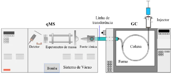 Figura 13 – Esquema de um cromatógrafo de gás acoplado a um espetrómetro de massa e os seus componentes.