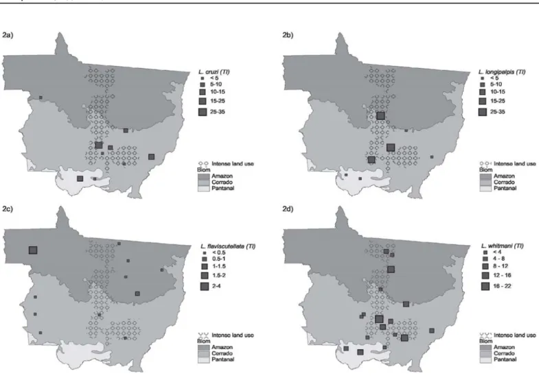 Fig. 2 - Spatial distribution and average Trap Indexes for four of the main sand fly species of medical importance for Leishmaniasis transmission in the State of Mato Grosso, Central Brazil.