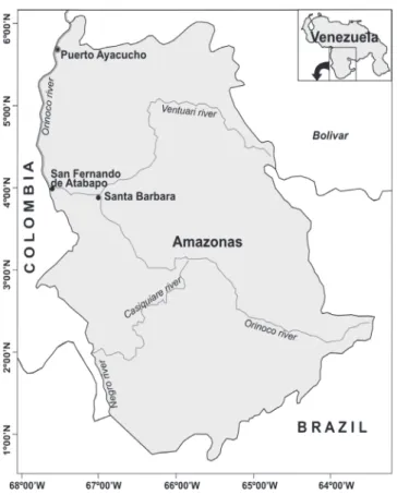 Fig. 1 - Map of Amazonas State showing the rural populations from which the samples were taken: San Fernando de Atabapo and Santa Barbara.