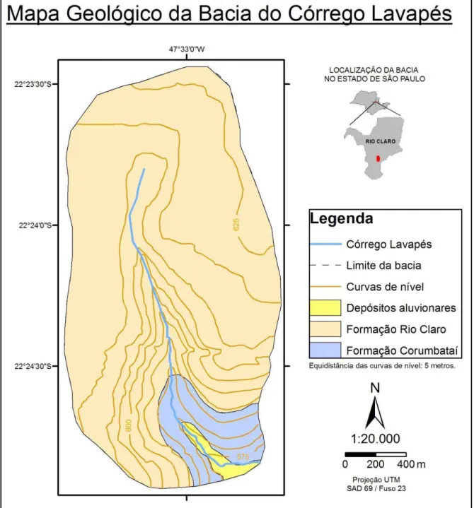 Figura 2: Mapa Geológico da Bacia do Córrego Lavapés. Fonte: Mapa Geológico do  Município de Rio Claro