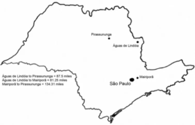 Fig. 1- Location of Pirassununga, Águas de Lindóia and Mairiporã cities in the state of São  Paulo, Brazil.