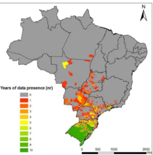 Fig. 1 - Data availability per municipality on bovine fasciolosis in Brazil in the period of  2002-2011