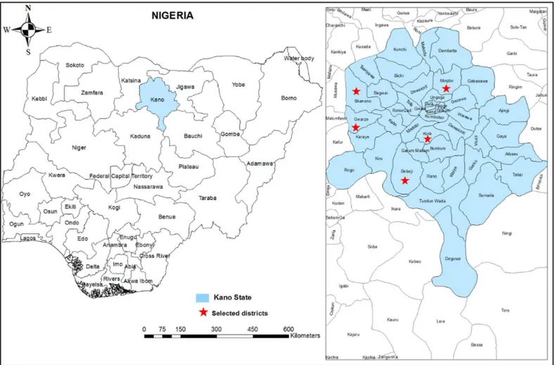 Fig. 1 - A geographic map showing Kano State and the districts involved in the study.