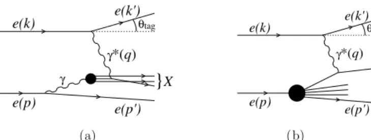 Fig. 1. Deep inelastic scattering (DIS) on a photon target (a), and on an electron target (b); p , p  , k and k  denote the corresponding four-momenta and q is the  four-momentum of the exchanged photon.