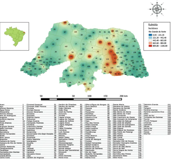 Figure 2 - Distribution by incidence of snakebite cases in the Rio Grande do Norte, Brazil, from 2007 to 2014.