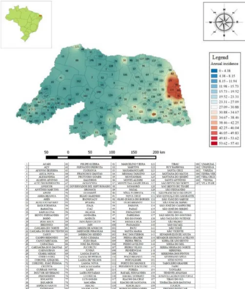 Figure 1 - Spatial distribution of the scorpion stings cases in the Rio Grande do Norte State, from 2007 to 2014