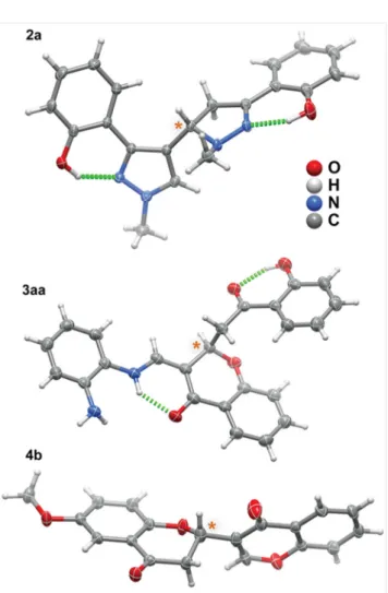 Figure 2   Schematic representations of the molecular units present in  compounds 2a, 3aa and 4b
