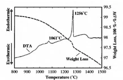 Figura 7 – Curvas de DTA e TGA para La 0.7 Sr 0.3 CrO 3  indicando o “melting” do SrCrO 4 em 1256 °C (Simner et al., 1999)