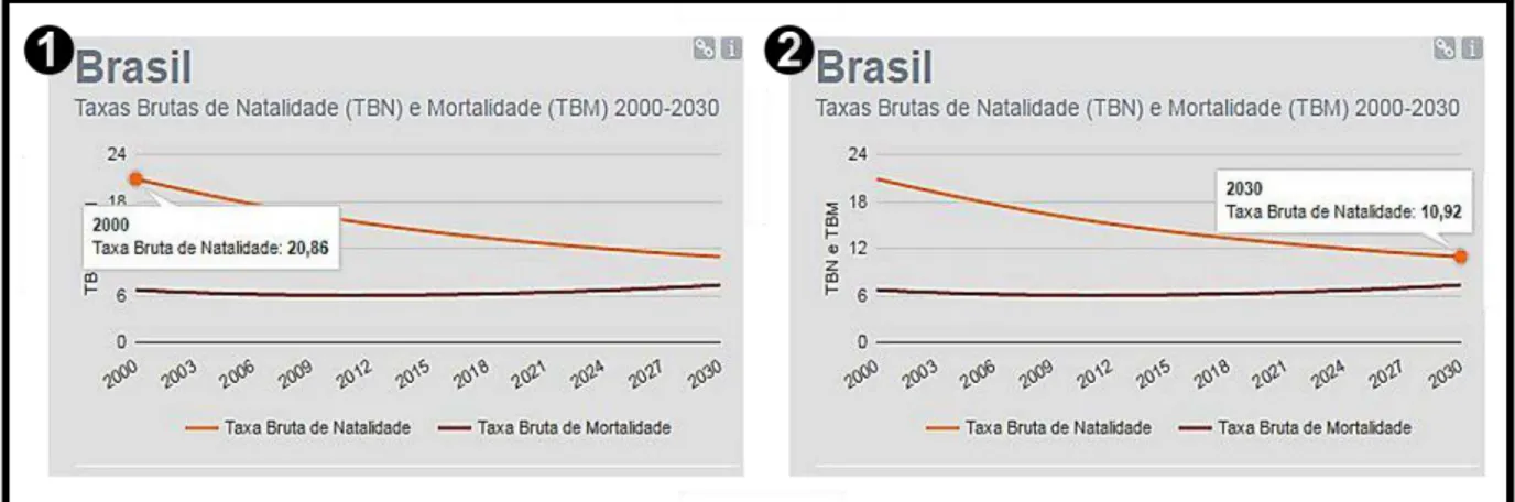 Figura 2. Taxas Brutas de Natalidade (TBN) e Mortalidade (TBM) de ڤ 2.000 a ڥ 2.030 com enfoque para TBN  segundo o IBGE 